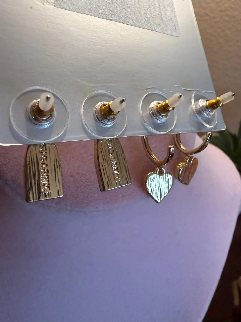 New Sugarfix BaubleBar Pink Heart & Glitter Rosé Bottle Earring Set